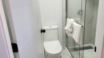 A small, modern bathroom with a toilet, glass shower enclosure, and a black mat.