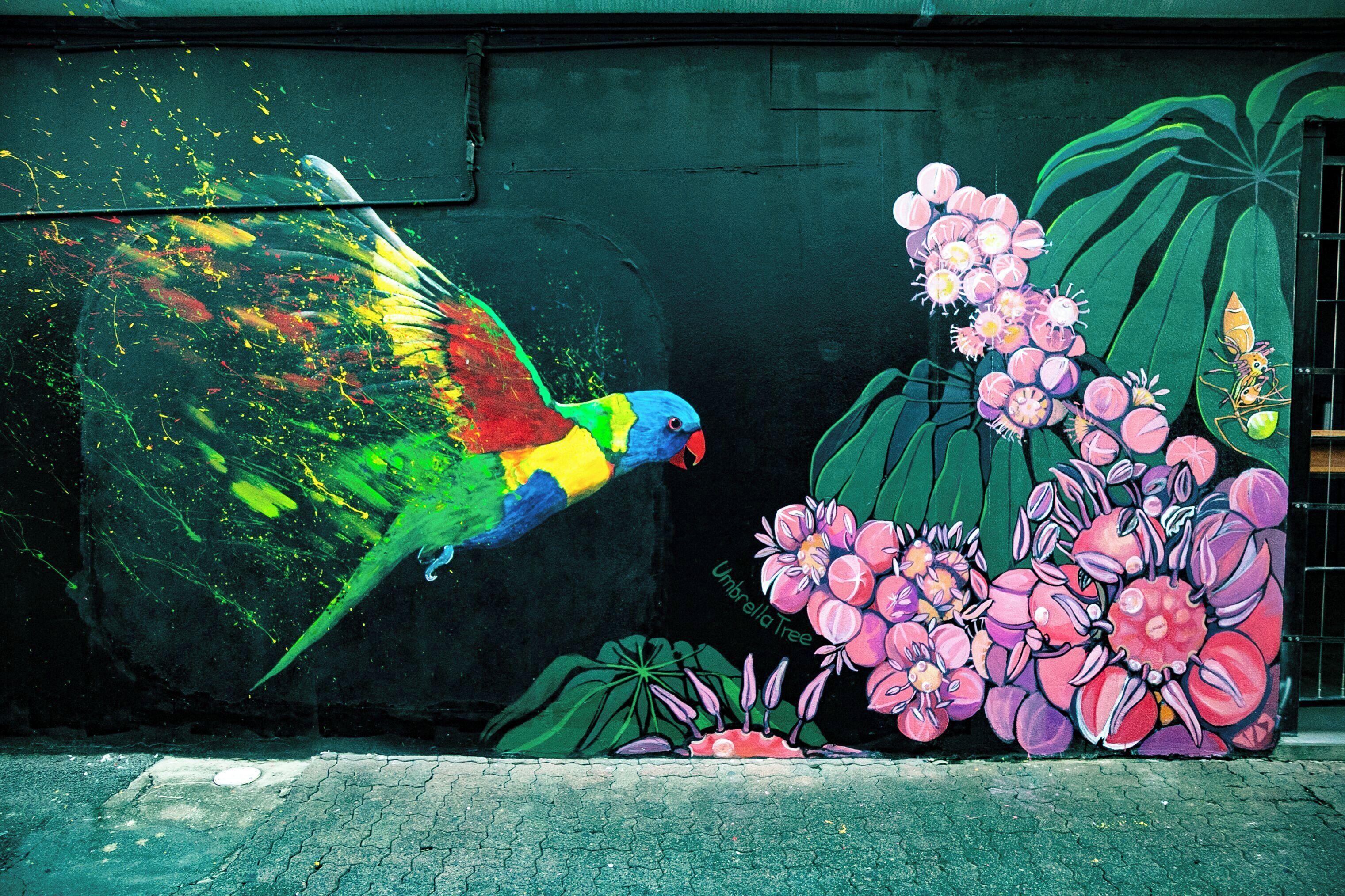 A colorful mural of a parrot and flowers on a wall.