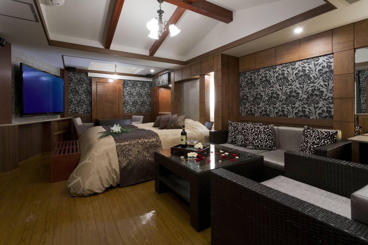 A modern room with a bed, sofa, and a TV.