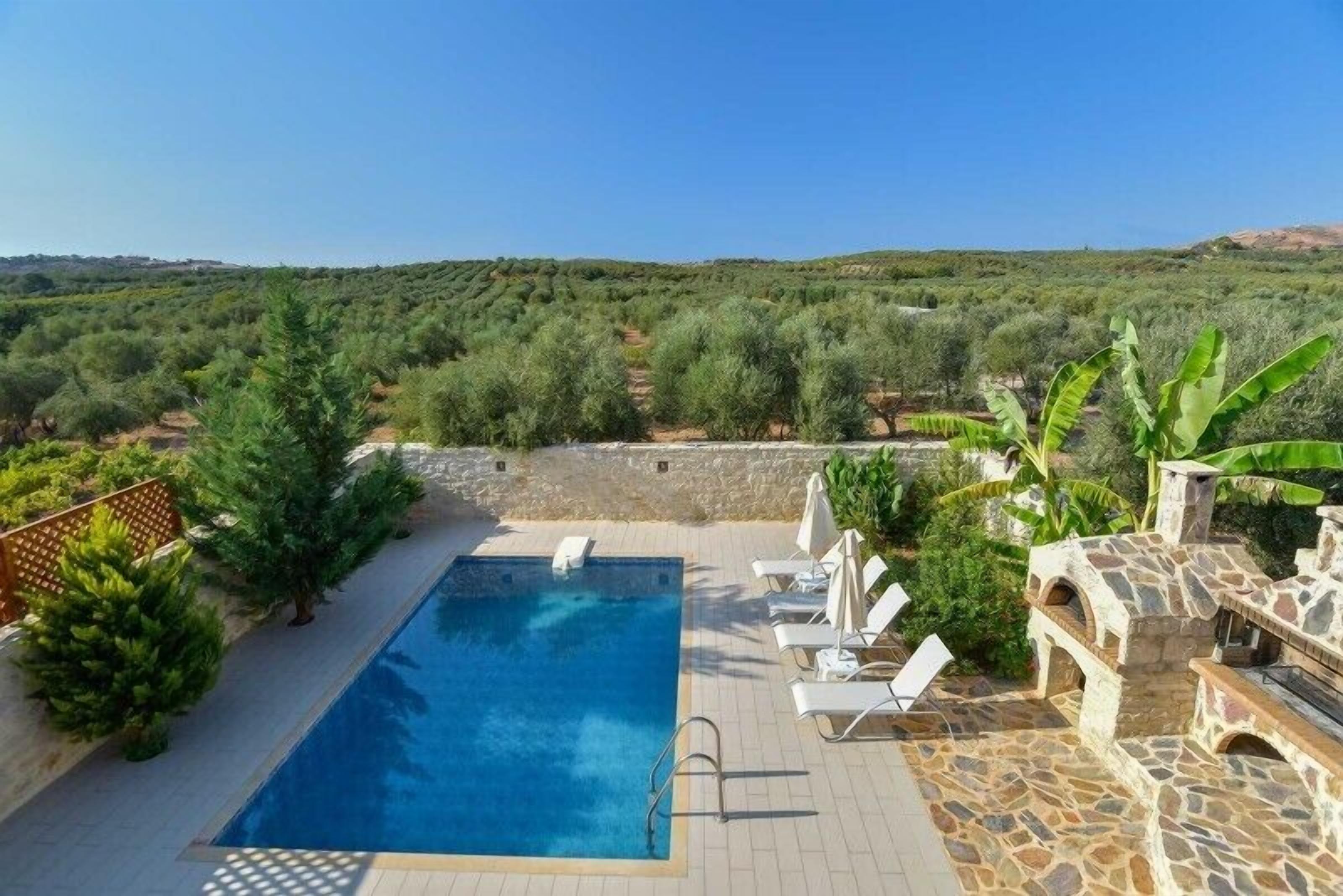 A swimming pool with lounge chairs and a stone barbecue area, surrounded by greenery and hills.