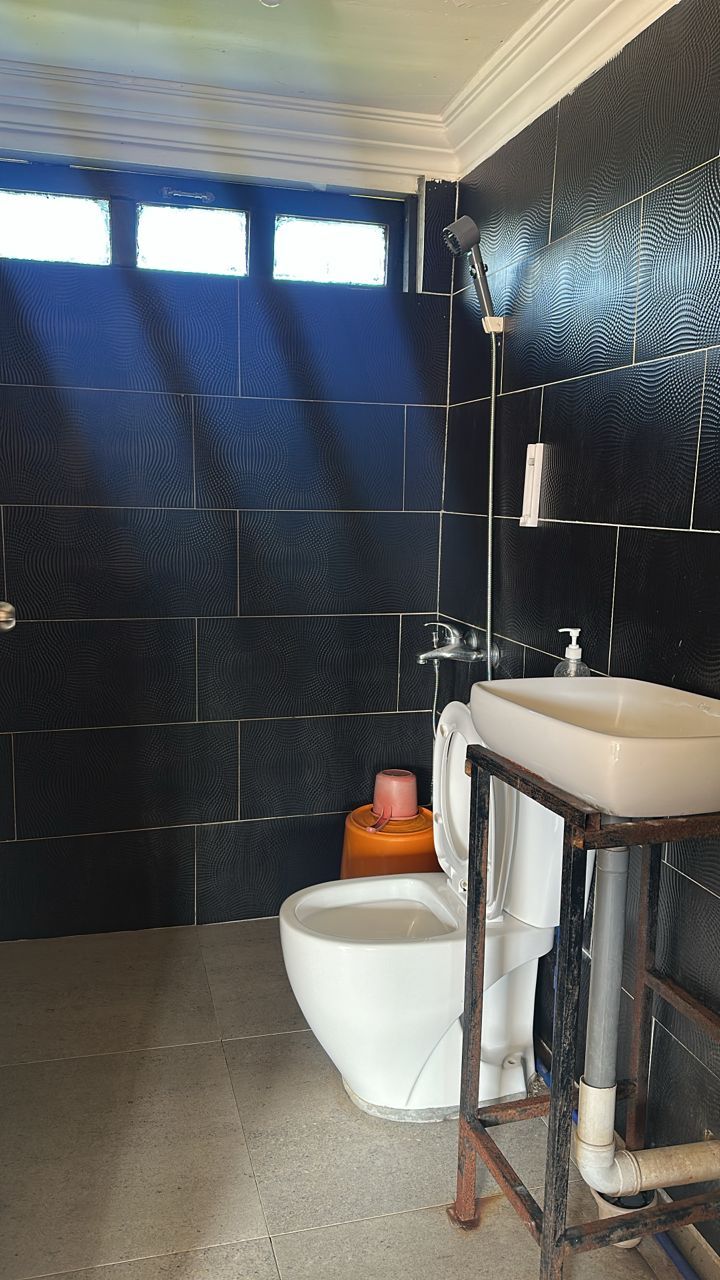 Une salle de bain avec un mur recouvert de carreaux noirs, des toilettes blanches, un lavabo blanc et une pomme de douche.