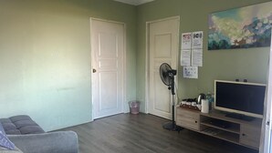 A room with a grey sofa, a TV on a wooden stand, a fan, and a painting on the wall. - Ceaser's Place (Ranau)