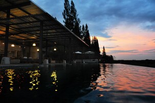 Outdoor pool, pool umbrellas, sun loungers