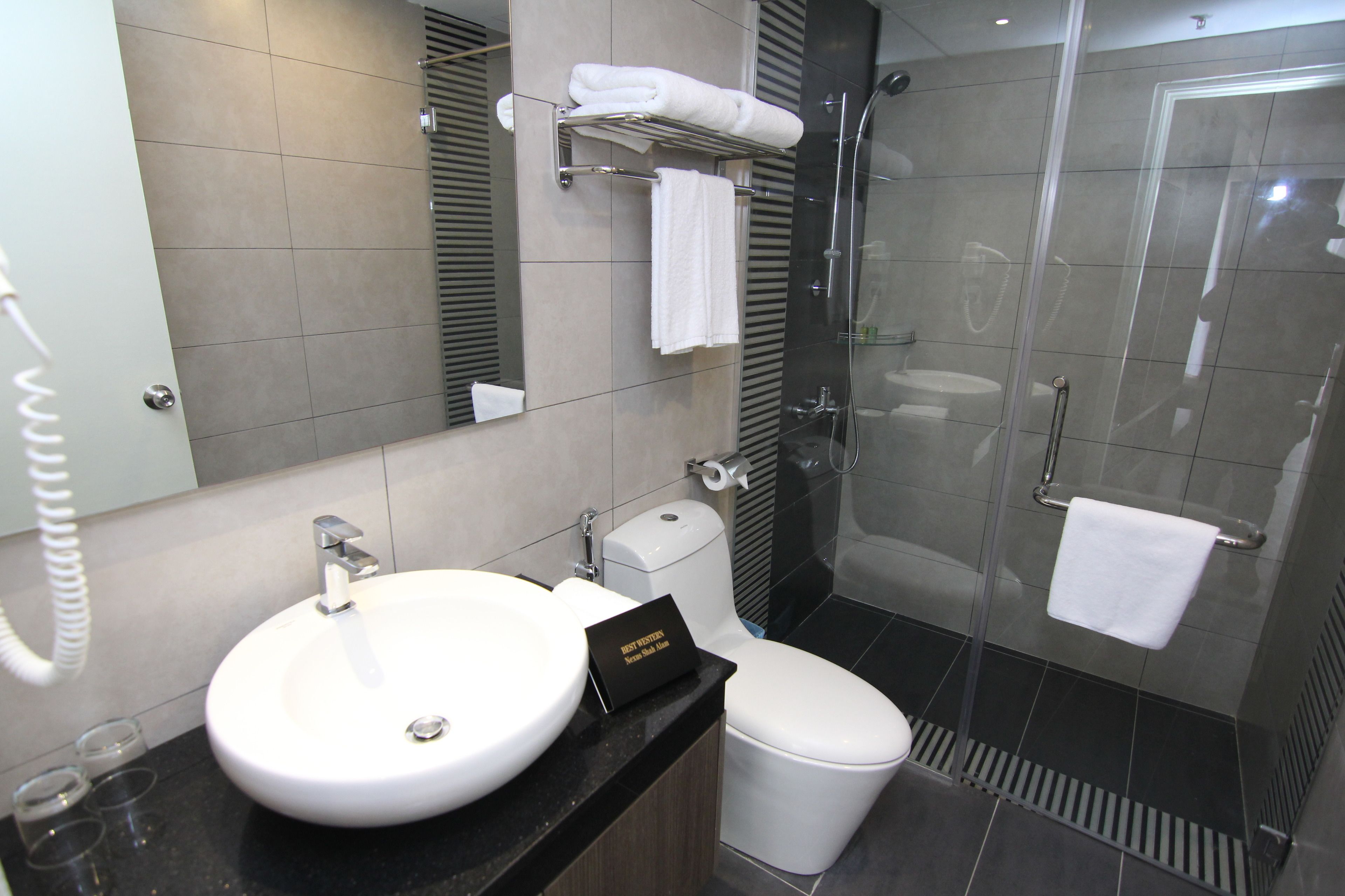 A modern bathroom with a sink, toilet, and glass shower enclosure.