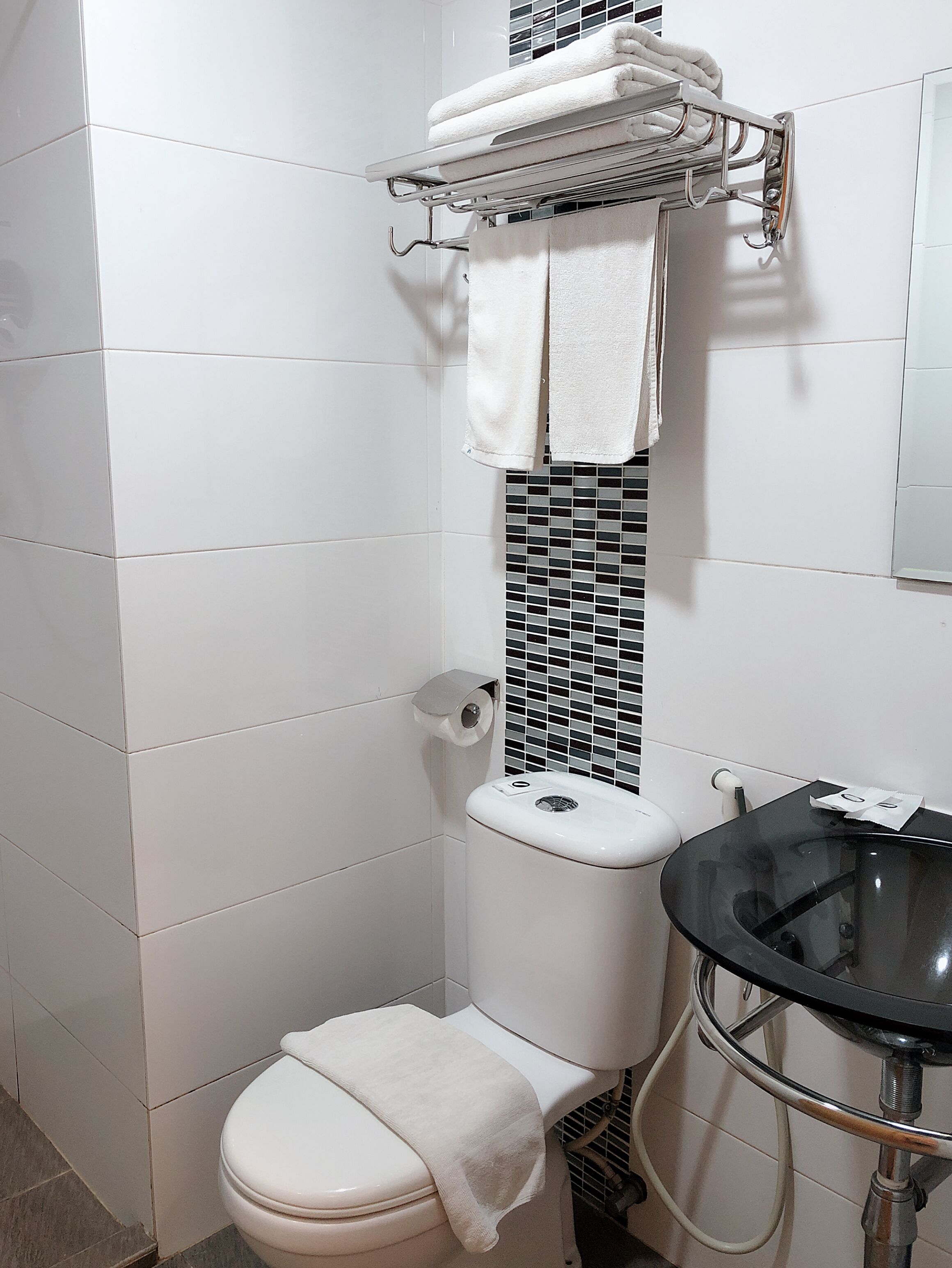 A bathroom with a toilet, a sink, and a towel rack.