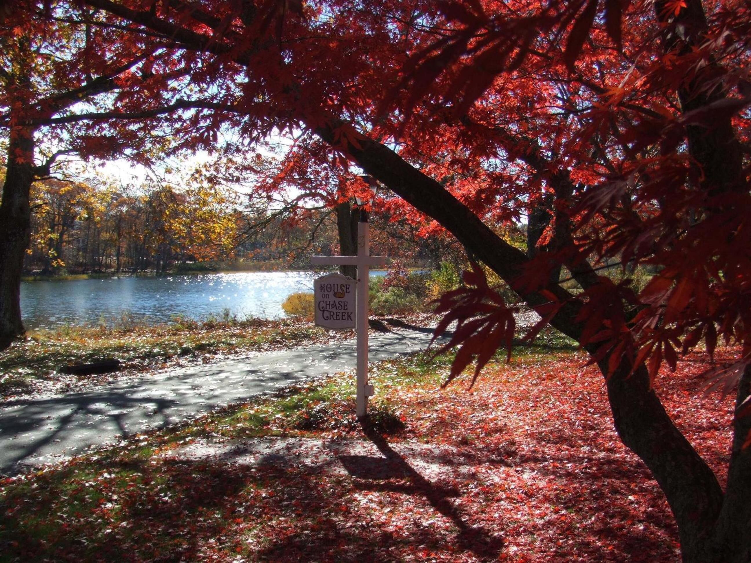 A signpost with 'House on Chase Creek' written on it, surrounded by autumn foliage and a lake.