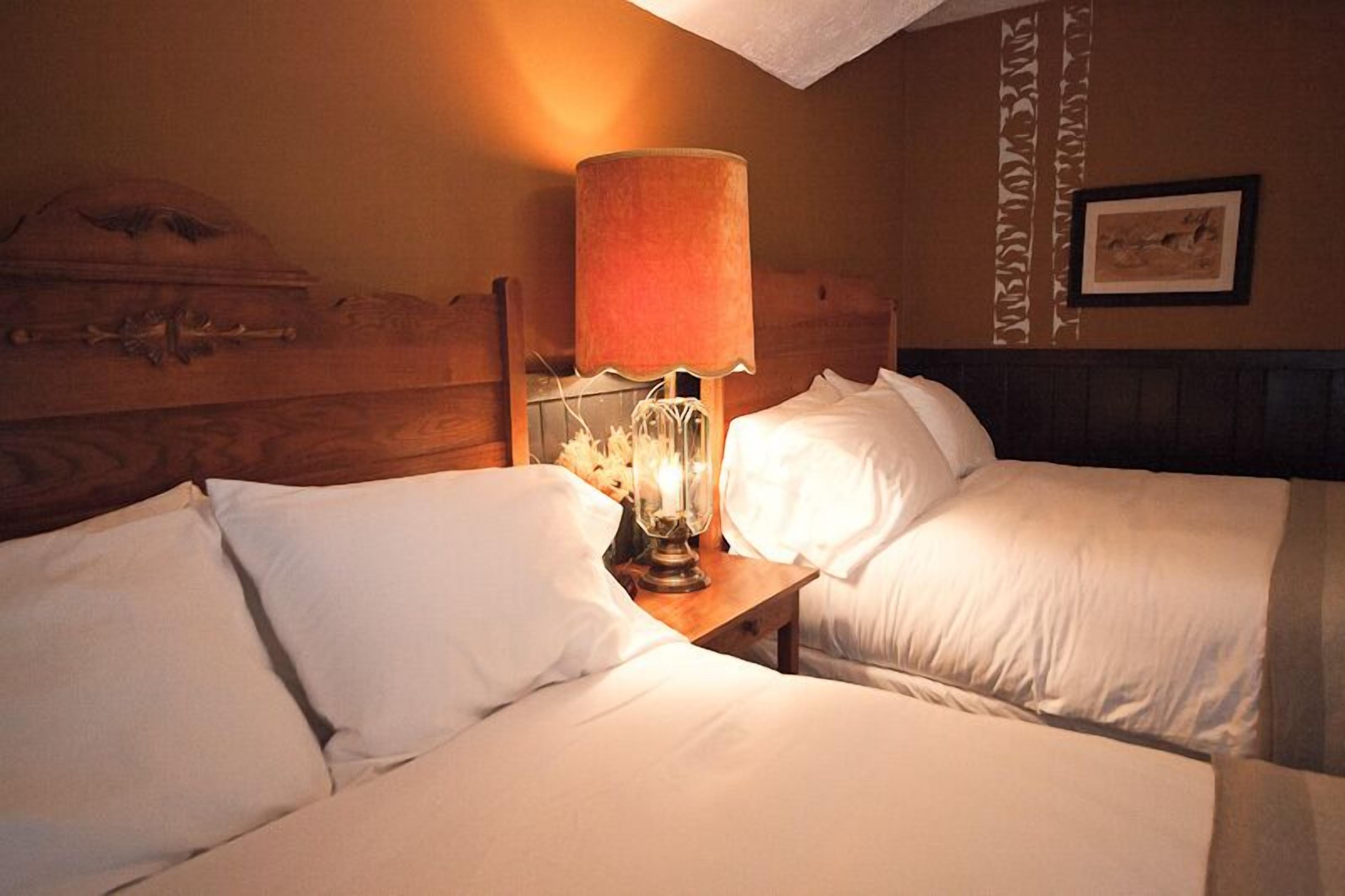 A hotel room with two beds, a wooden headboard, a bedside lamp, and a framed picture on the wall.