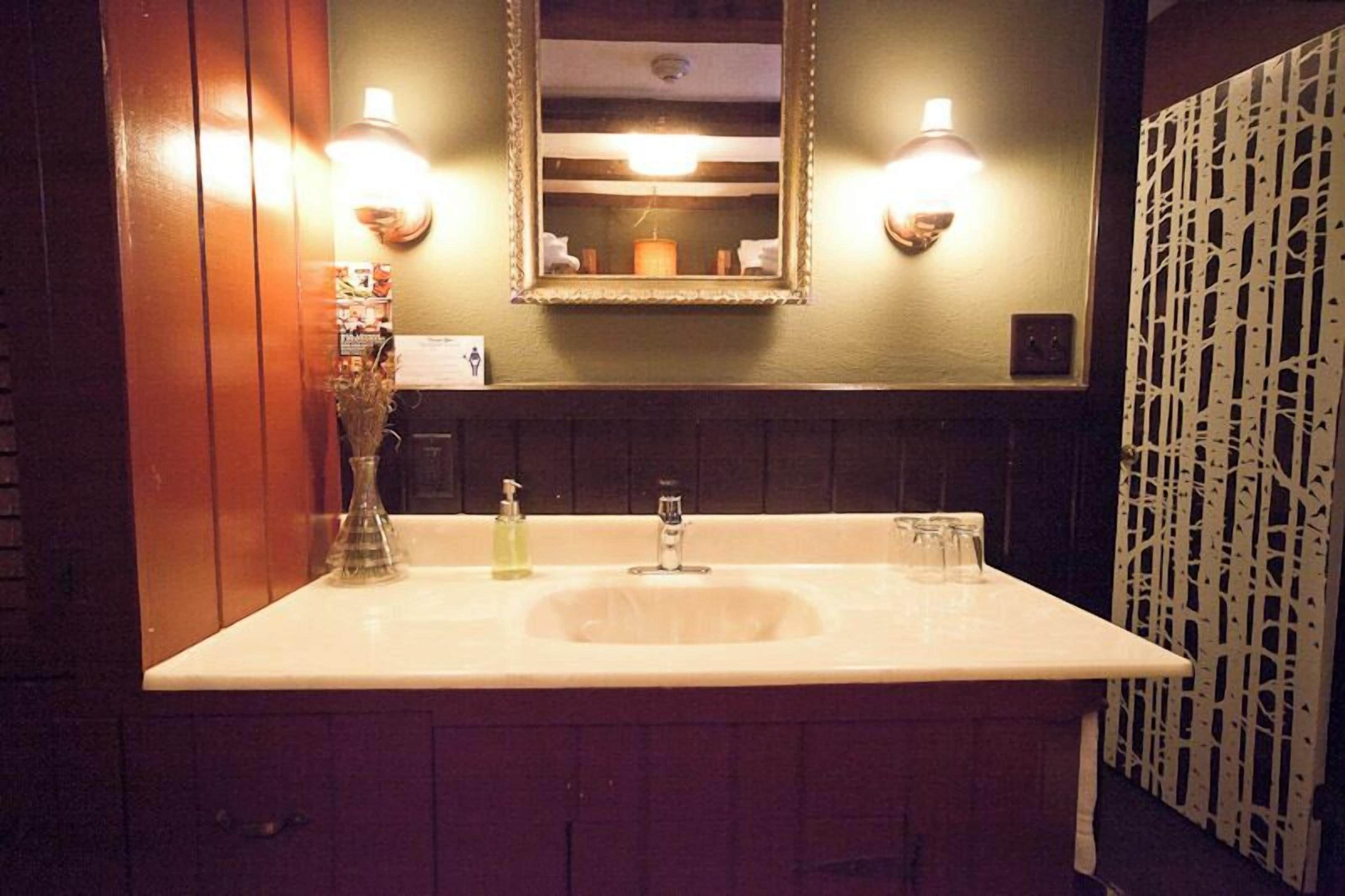 Une salle de bain avec un lavabo blanc, deux appliques murales, un miroir et un panneau décoratif sur le côté droit.