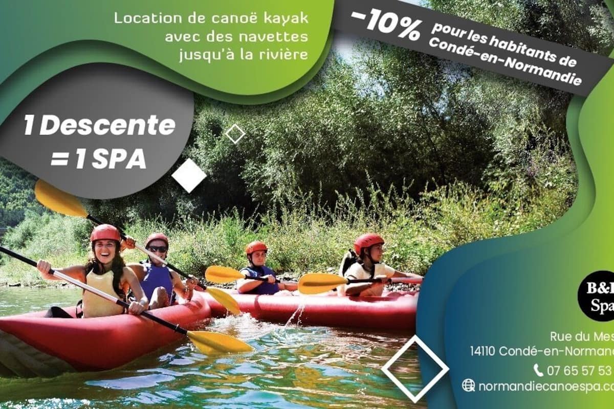 Une affiche promotionnelle pour Normandie Canoe Spa présente une activité de kayak. Elle comprend un logo, un slogan (« 1 descente = 1 séance de spa »), et les coordonnées du spa situé au 1, rue du Mesnil, 14110 Condé-en-Normandie.