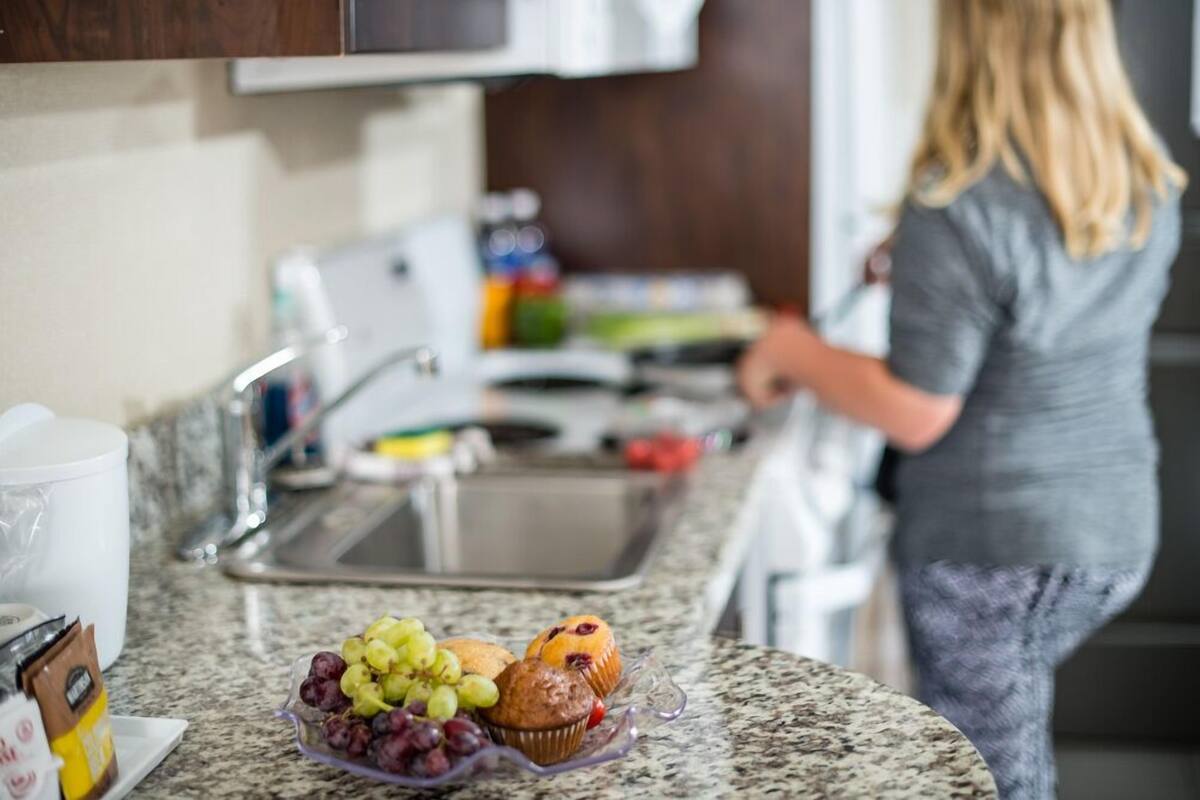 microwave, coffee/tea maker, cookware/dishes/utensils