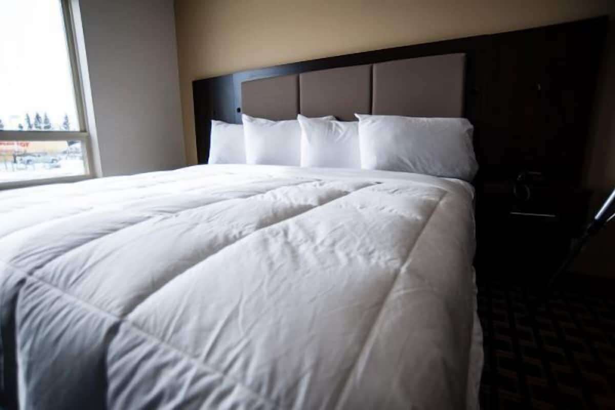 Une chambre d’hôtel avec un grand lit, une tête de lit agrémentée de plusieurs coussins et une fenêtre donnant sur l’extérieur.