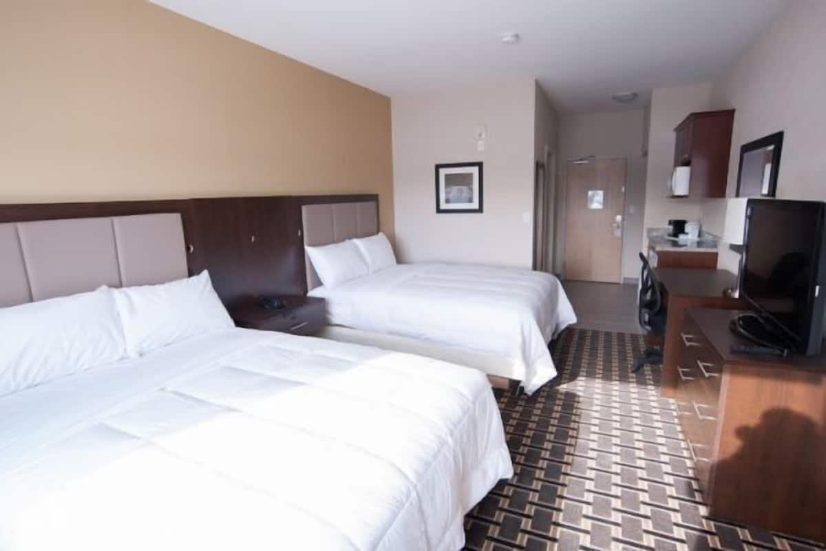 Une chambre d’hôtel avec deux lits, un bureau avec un ordinateur et une télévision.