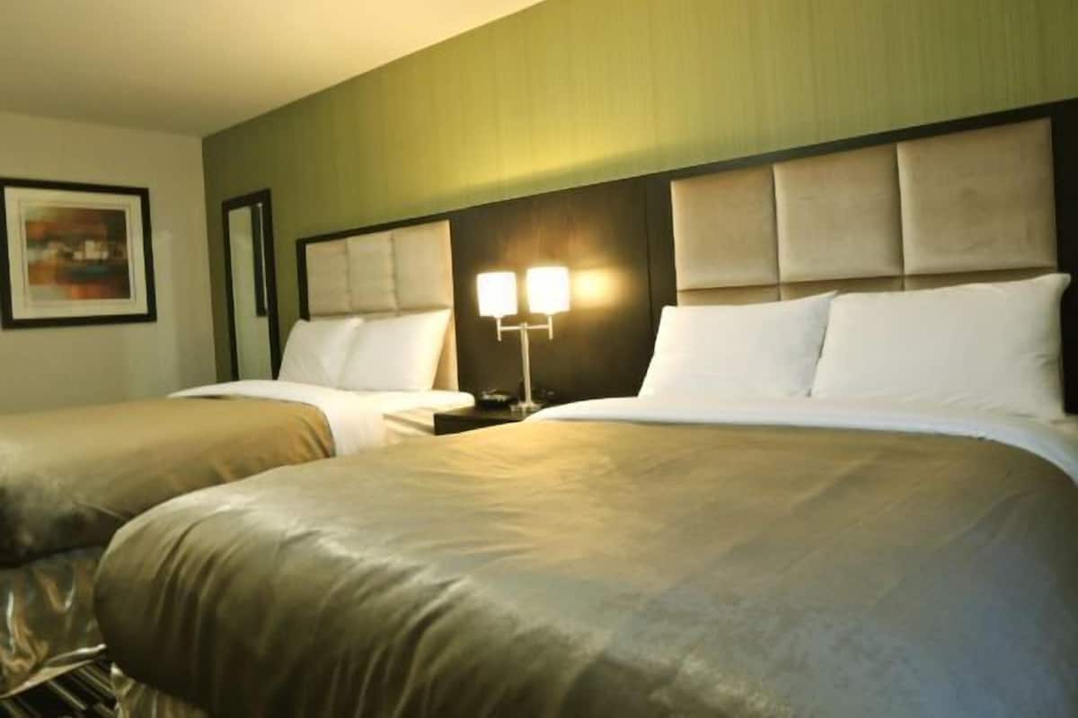Une chambre d’hôtel avec deux lits, une table de chevet avec une lampe et un tableau encadré au mur.