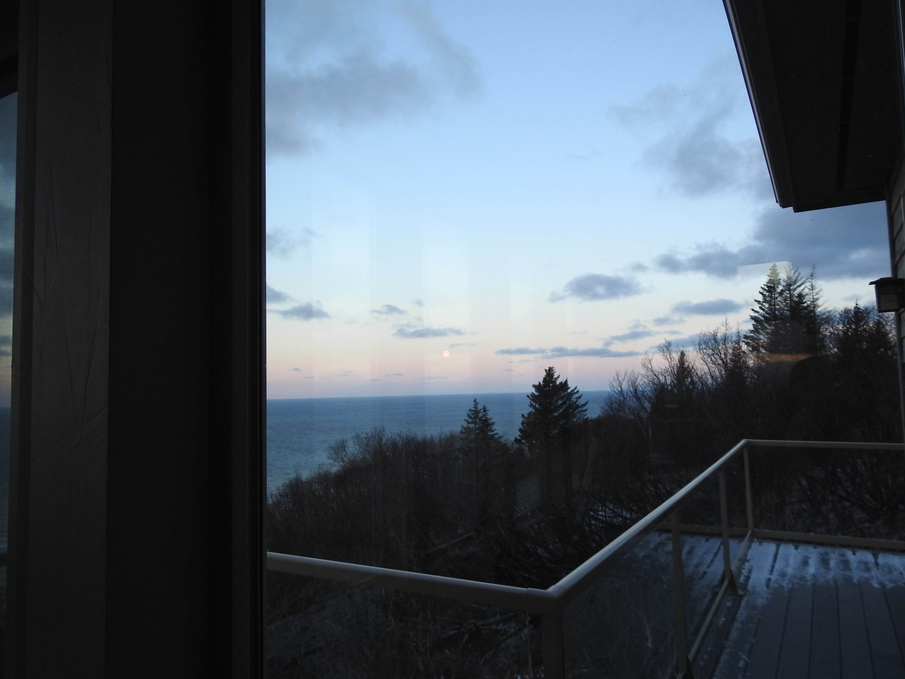 Une vue depuis un balcon donnant sur une zone boisée, avec un plan d’eau visible au loin.