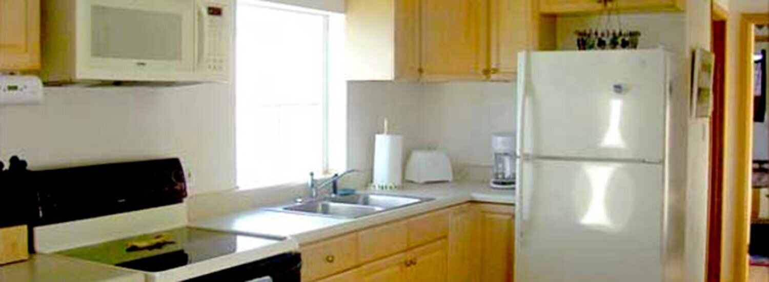 A kitchen with wooden cabinets, a white refrigerator, a microwave, and a sink.