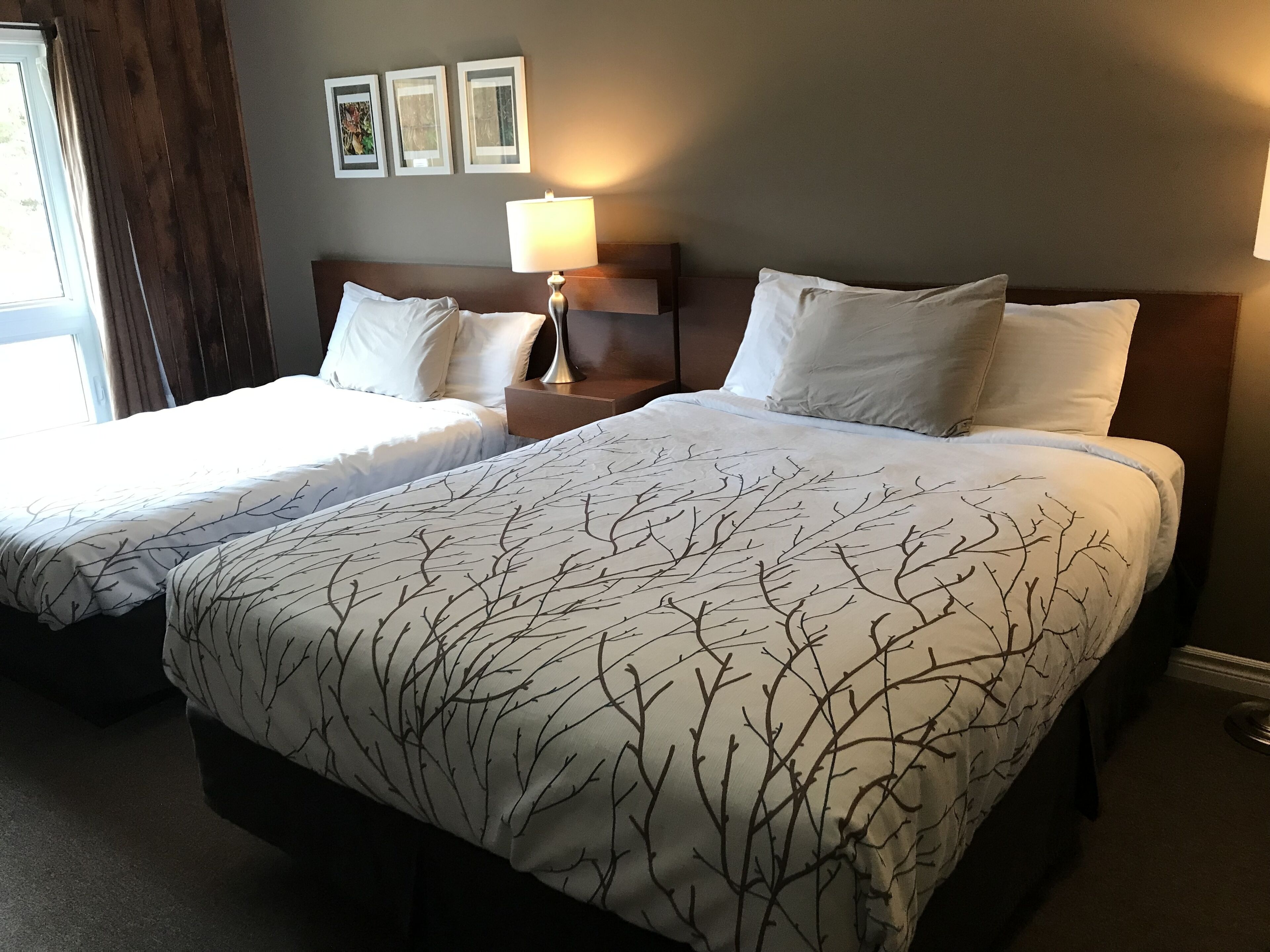Une chambre d’hôtel avec deux lits, une table de chevet avec une lampe et trois tableaux encadrés au mur.