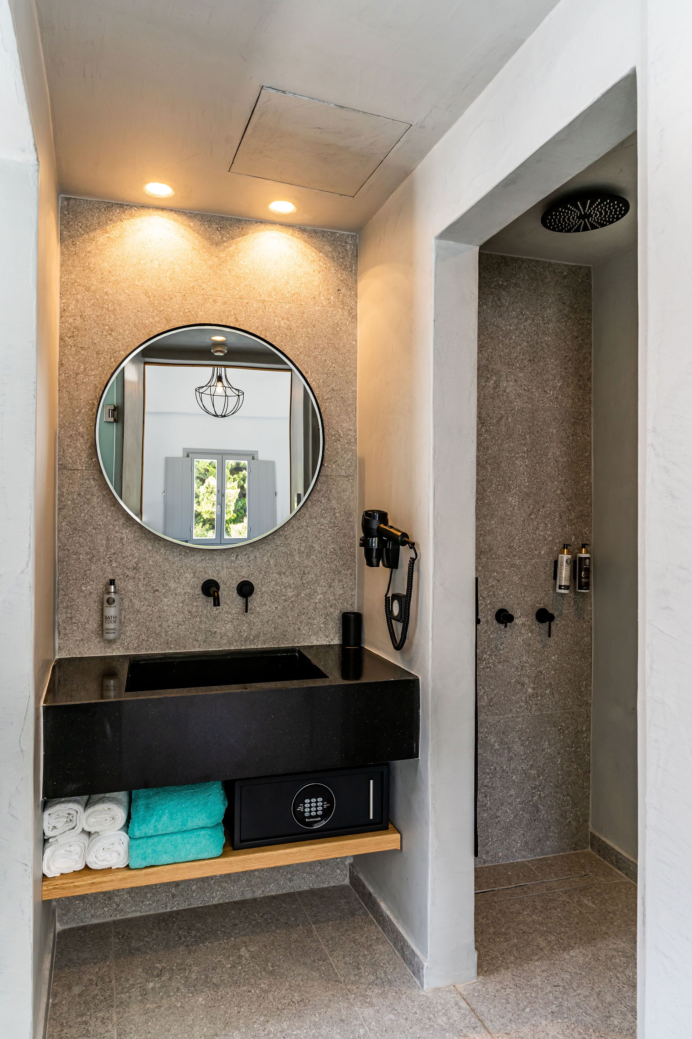 deluxe double room with plunge pool | bathroom | shower, designer toiletries, hair dryer, towels