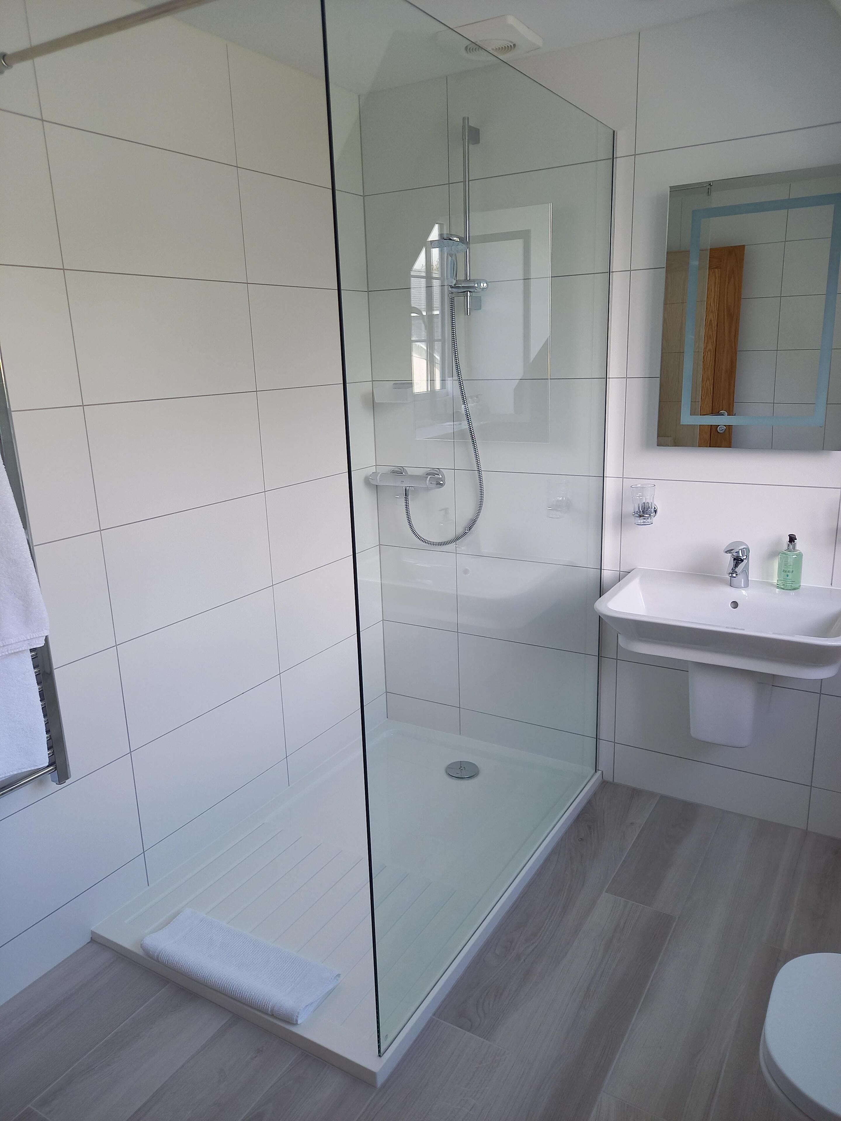 Een moderne badkamer met een glazen douchecabine, een wastafel met spiegel erboven en een toilet.