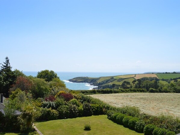 A coastal landscape with a grassy field, dense shrubbery, and a view of the sea.