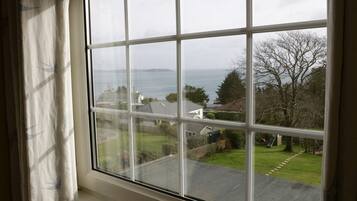 A window with a view of a residential area, including houses and a body of water.