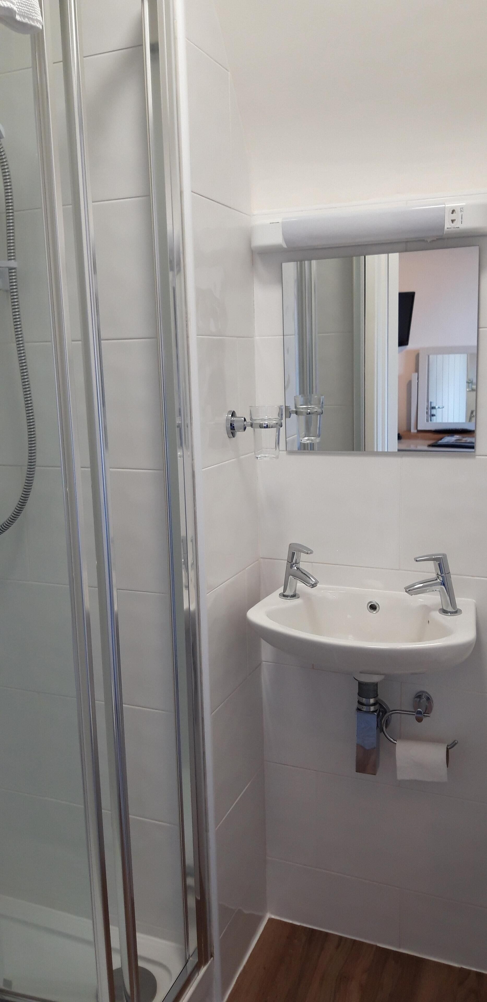 Une salle de bain avec une douche à parois de verre, un lavabo blanc doté de deux robinets et un miroir au-dessus du lavabo.