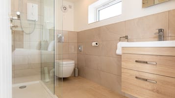 A modern bathroom with a glass shower enclosure, a toilet, and a wooden vanity with a mirror.