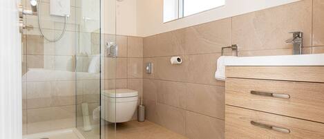 A modern bathroom with a glass shower enclosure, a toilet, and a wooden vanity with a mirror.