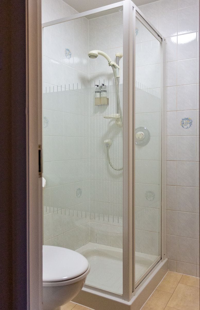 A glass-enclosed shower stall with a toilet and bathtub in a bathroom with tiled walls.