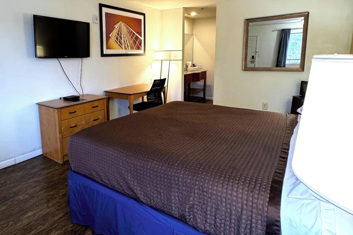 A hotel room with a large bed, a desk, a chair, a TV, and a mirror.