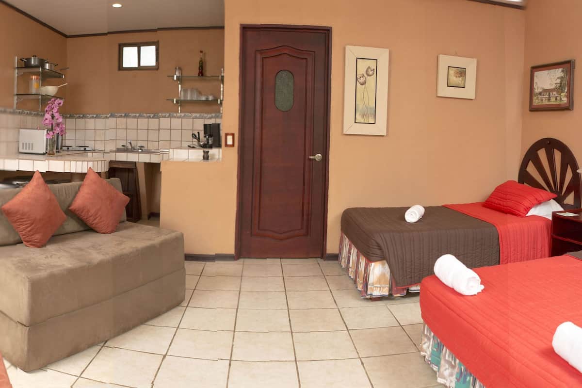 A compact room with a kitchenette, two beds, a sofa, and a door.