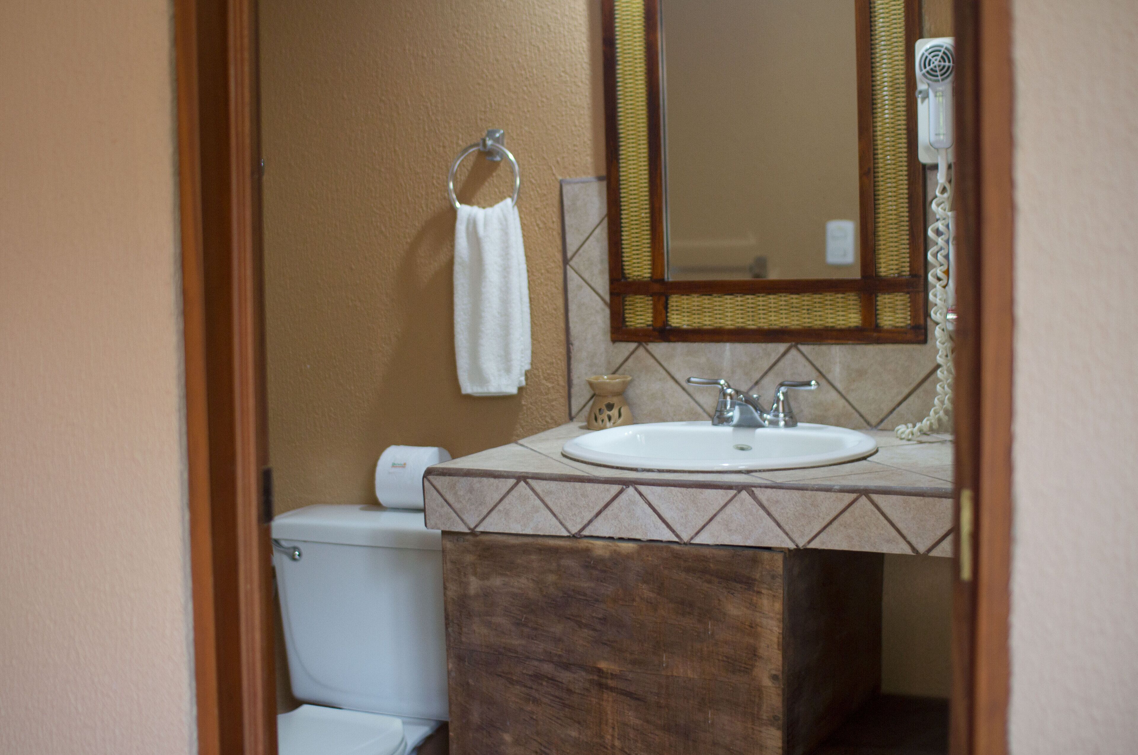 A bathroom with a white toilet, a sink with a mirror above it, and a towel hanging on a ring.