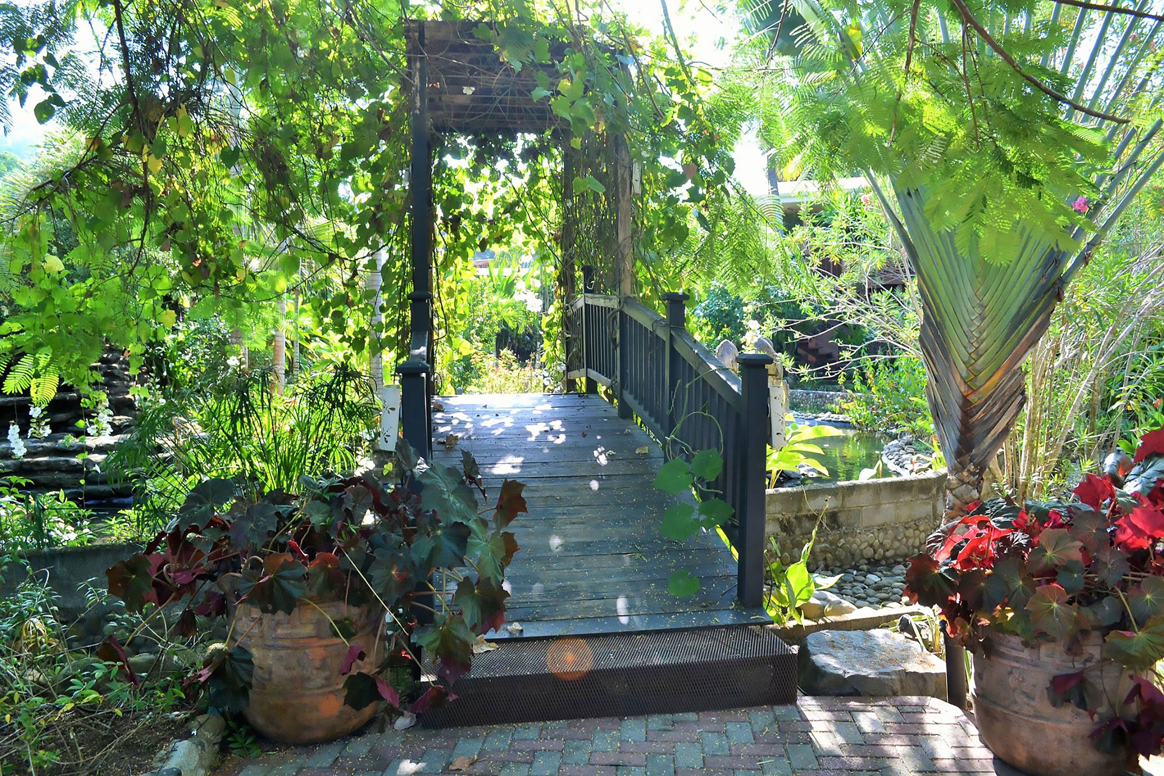 Eine Holzbrücke führt zu einem Garten mit Kübelpflanzen und einem Teich.