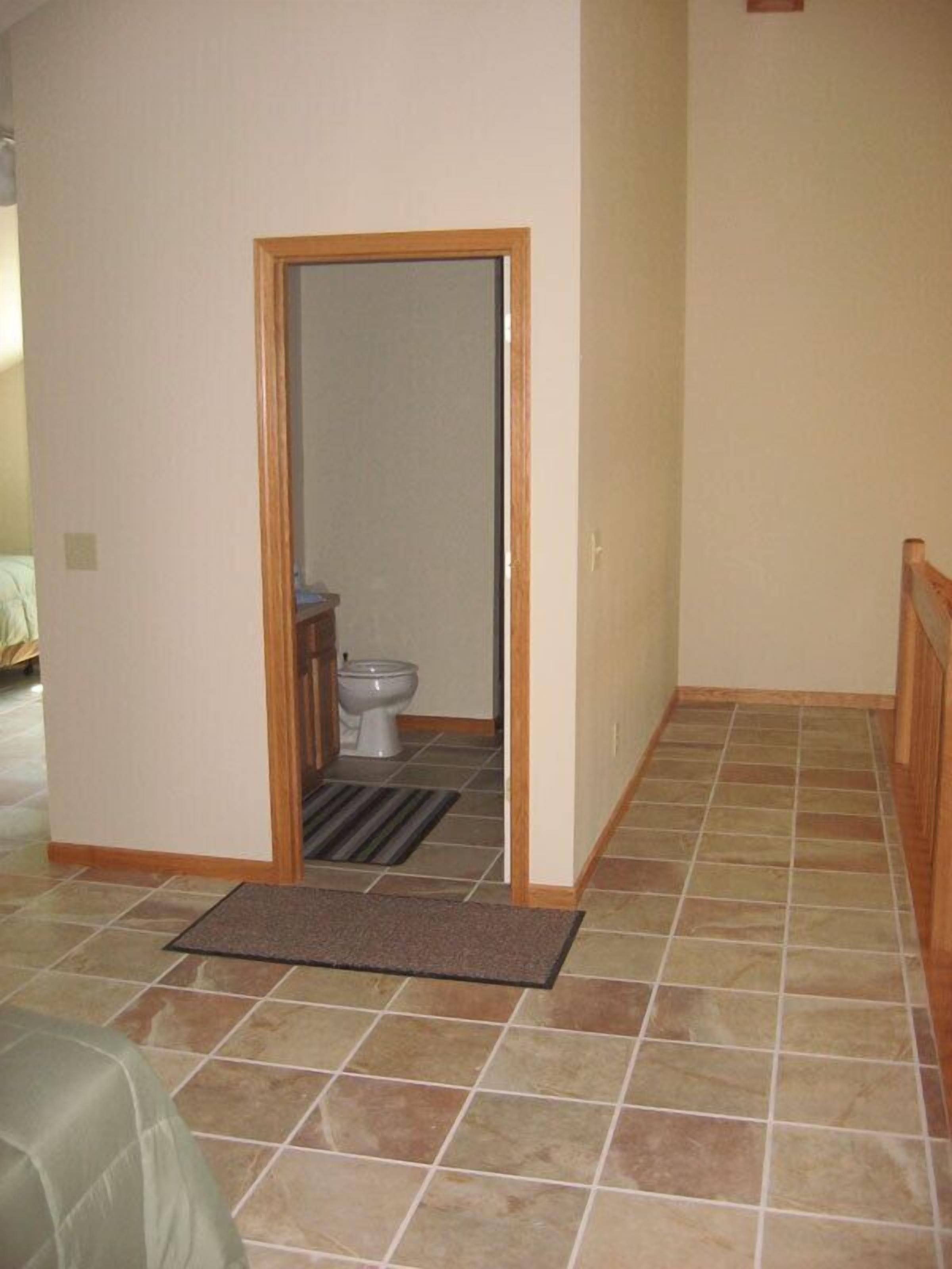A bathroom with a toilet, a shower, and a door leading to another room.