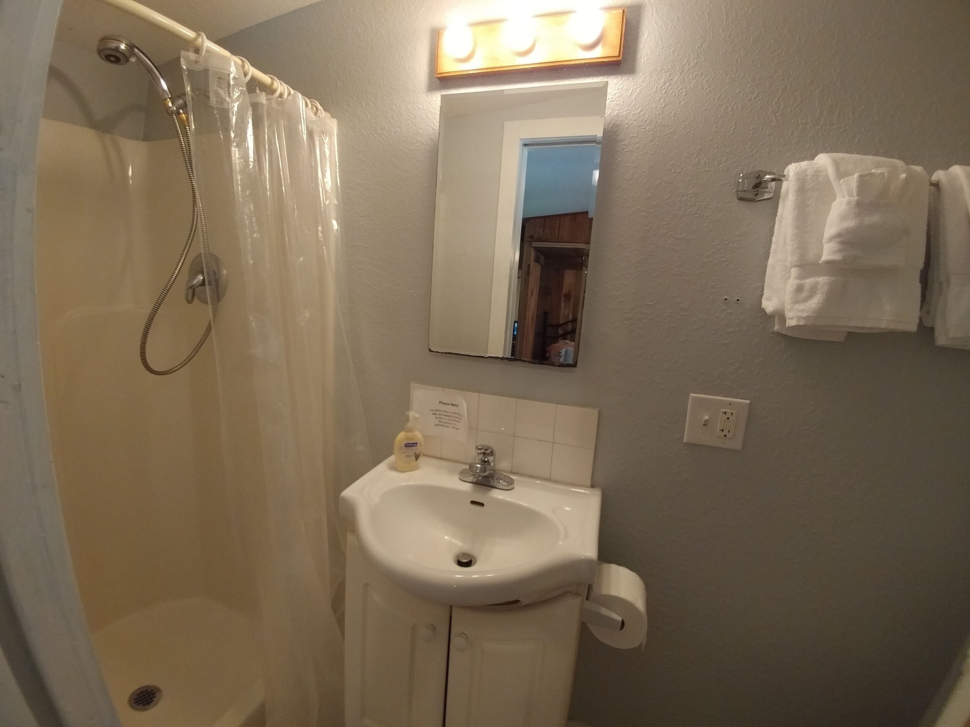 Une salle de bain avec une douche, un lavabo et un miroir.
