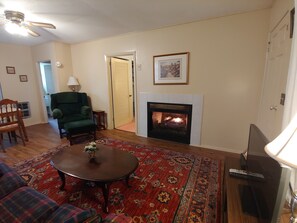 Cabana família, 2 quartos (Queen Cabin) | Área de estar | TV 32 polegadas com canais via satélite, DVD player