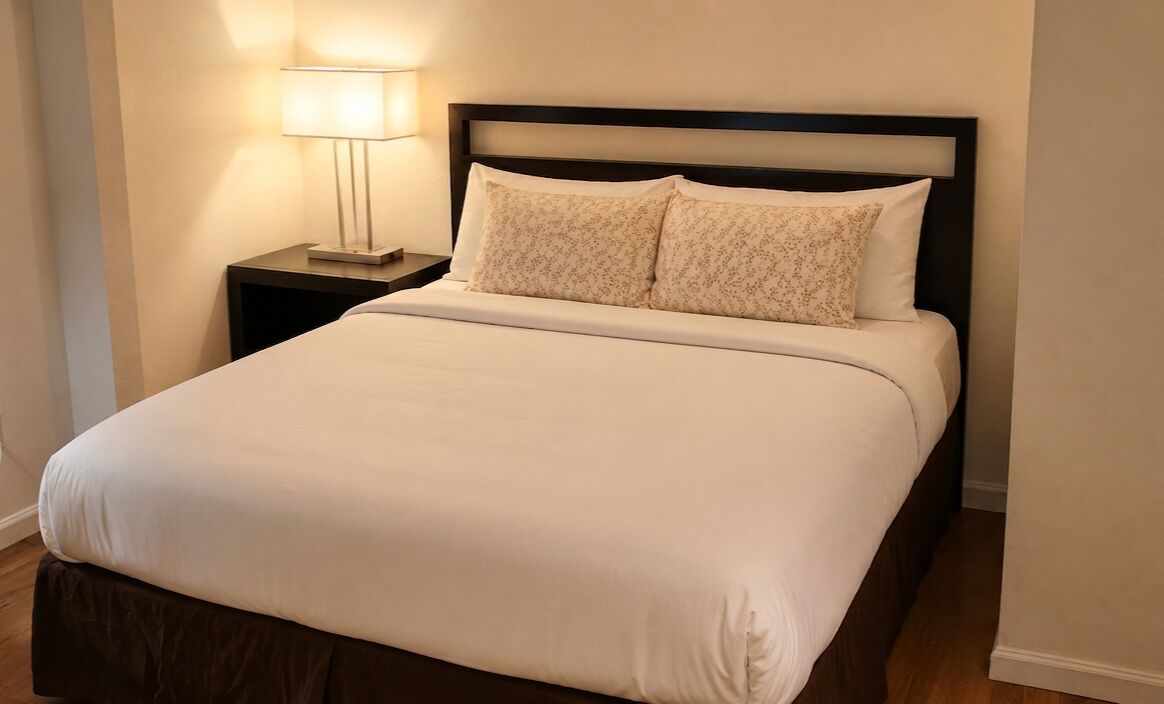 A neatly made bed with a dark headboard, a bedside lamp, and a plain wall.