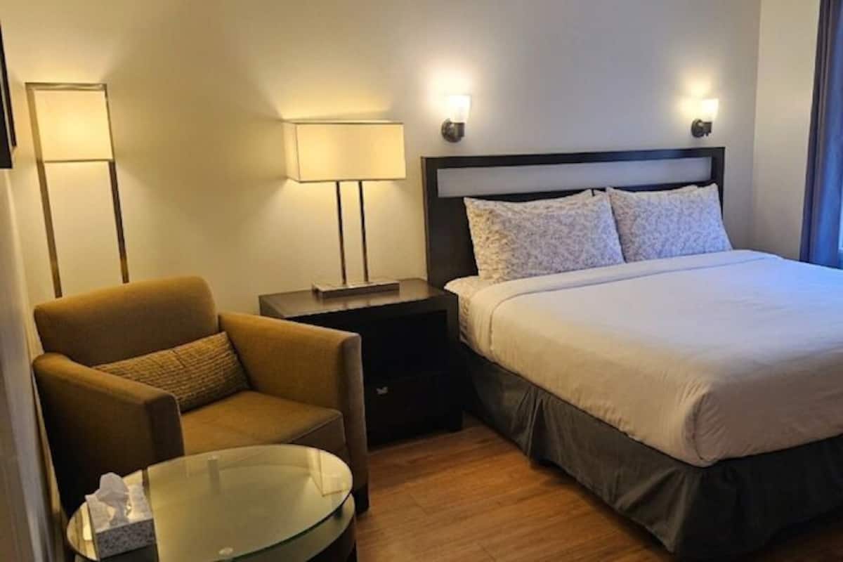 A hotel room with a bed, a chair, a bedside table, a lamp, and a window.