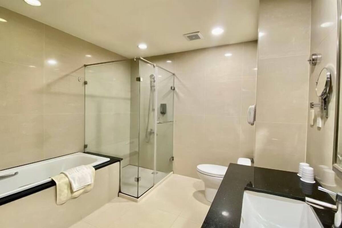 Separate bathtub and shower, deep-soaking bathtub, hair dryer, towels