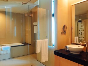 Suite ejecutiva | Baño | Tina y regadera independientes, tina profunda, secadora de cabello 