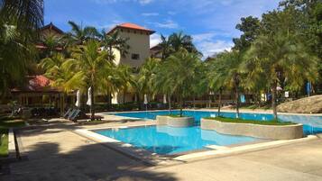 Outdoor pool, pool umbrellas, pool loungers