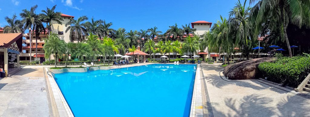 Outdoor pool, pool umbrellas, pool loungers