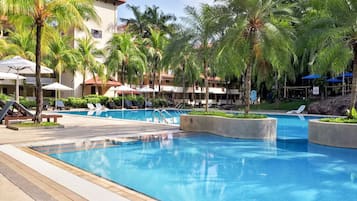 Outdoor pool, pool umbrellas, pool loungers