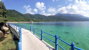 A coastal walkway with a blue railing, clear turquoise water, and a forested hillside in the background.