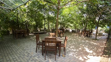 Un patio al aire libre con mesas y sillas de madera, rodeado de árboles y cubierto por una cubierta de vidrio.