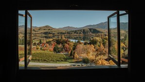 Vista a través de una ventana de un paisaje de viñedos, colinas y un lago.