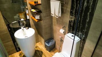 A modern bathroom with a large white sink, a glass shower enclosure, and a toilet.