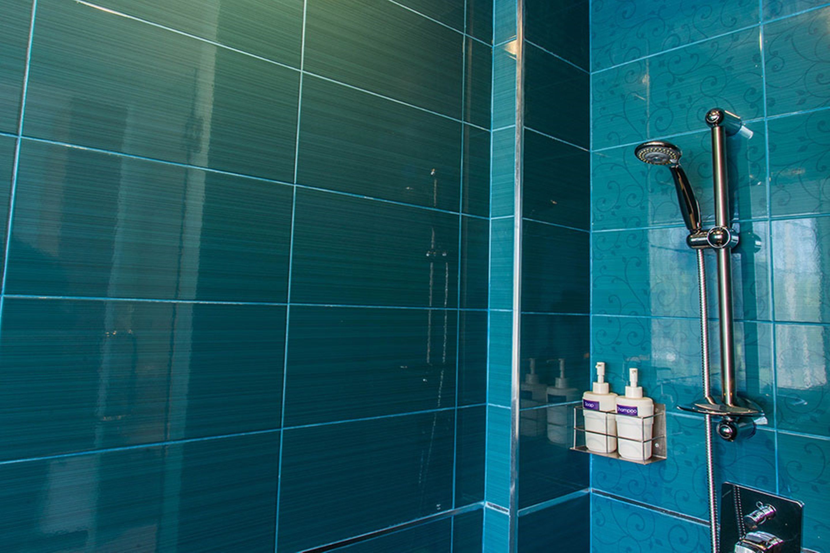 A bathroom with blue tiles, a shower with a handheld showerhead, and two bottles of shampoo and conditioner on a shelf.