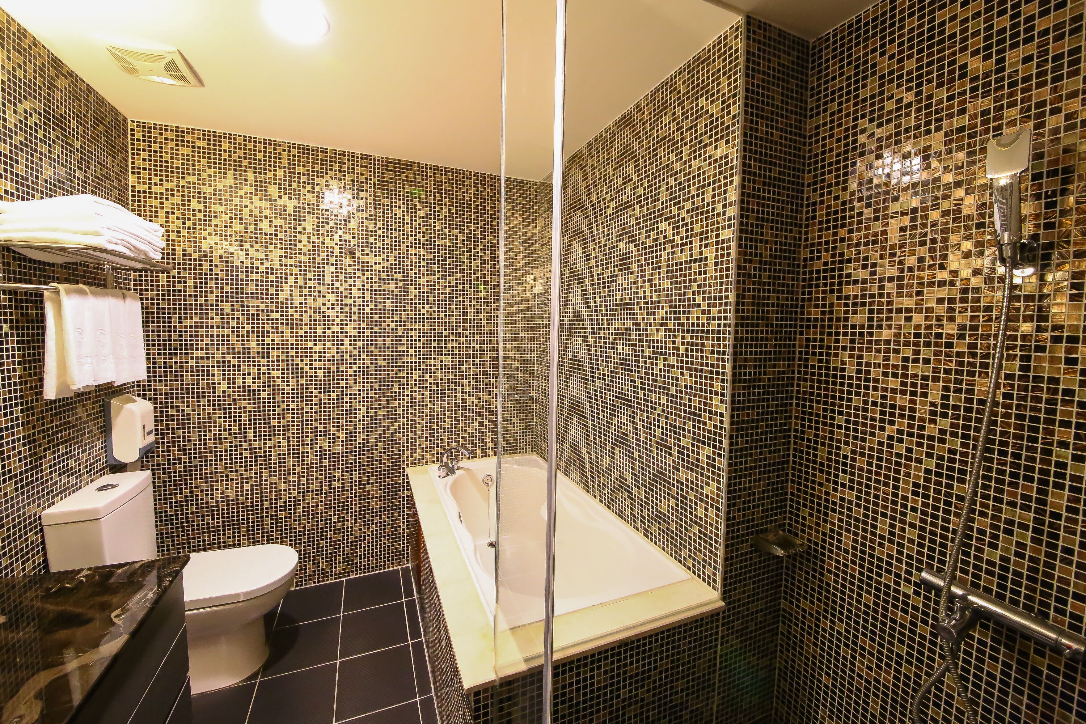 deluxe double room | bathroom | shower, hair dryer, towels