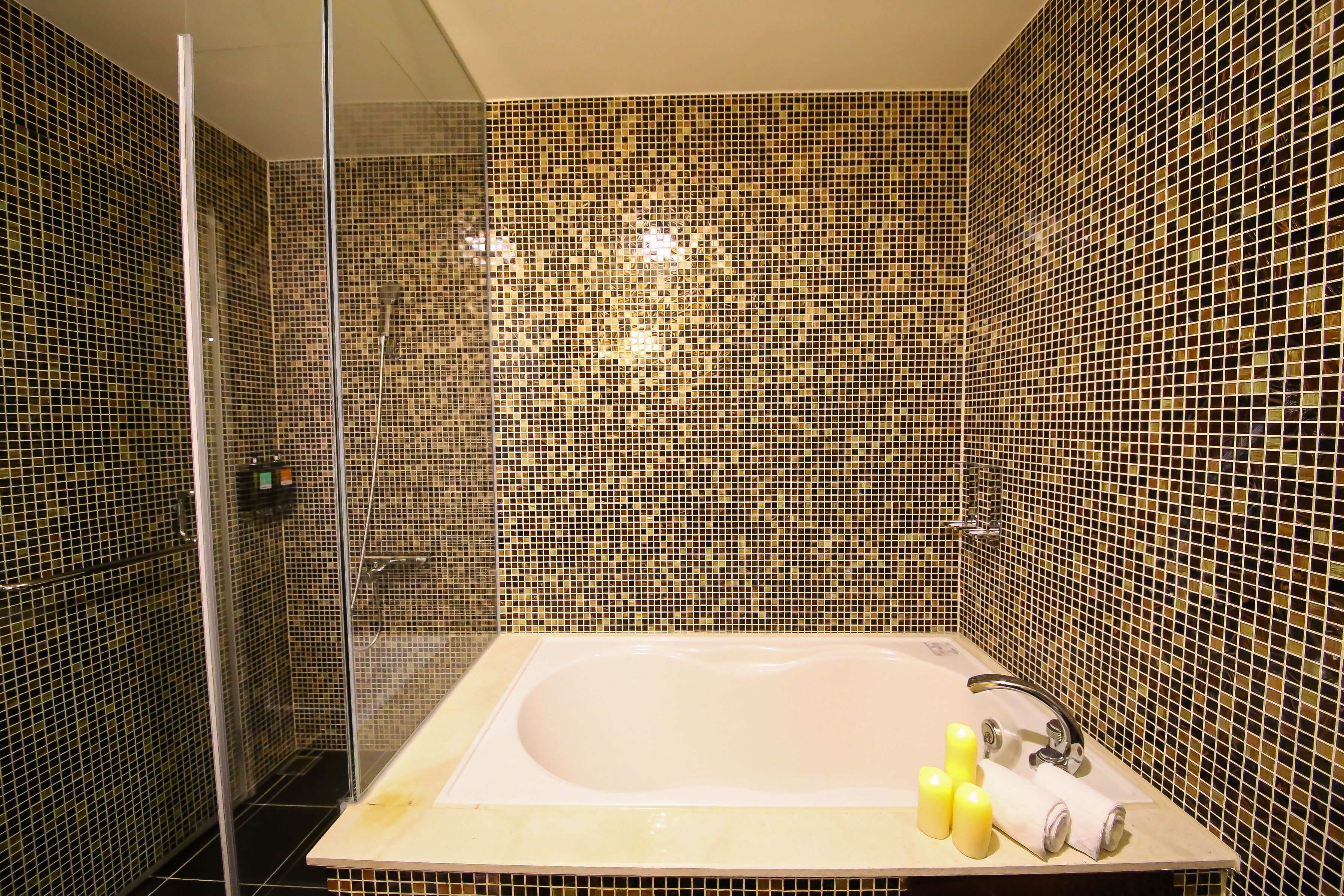 deluxe double room | bathroom | shower, hair dryer, towels