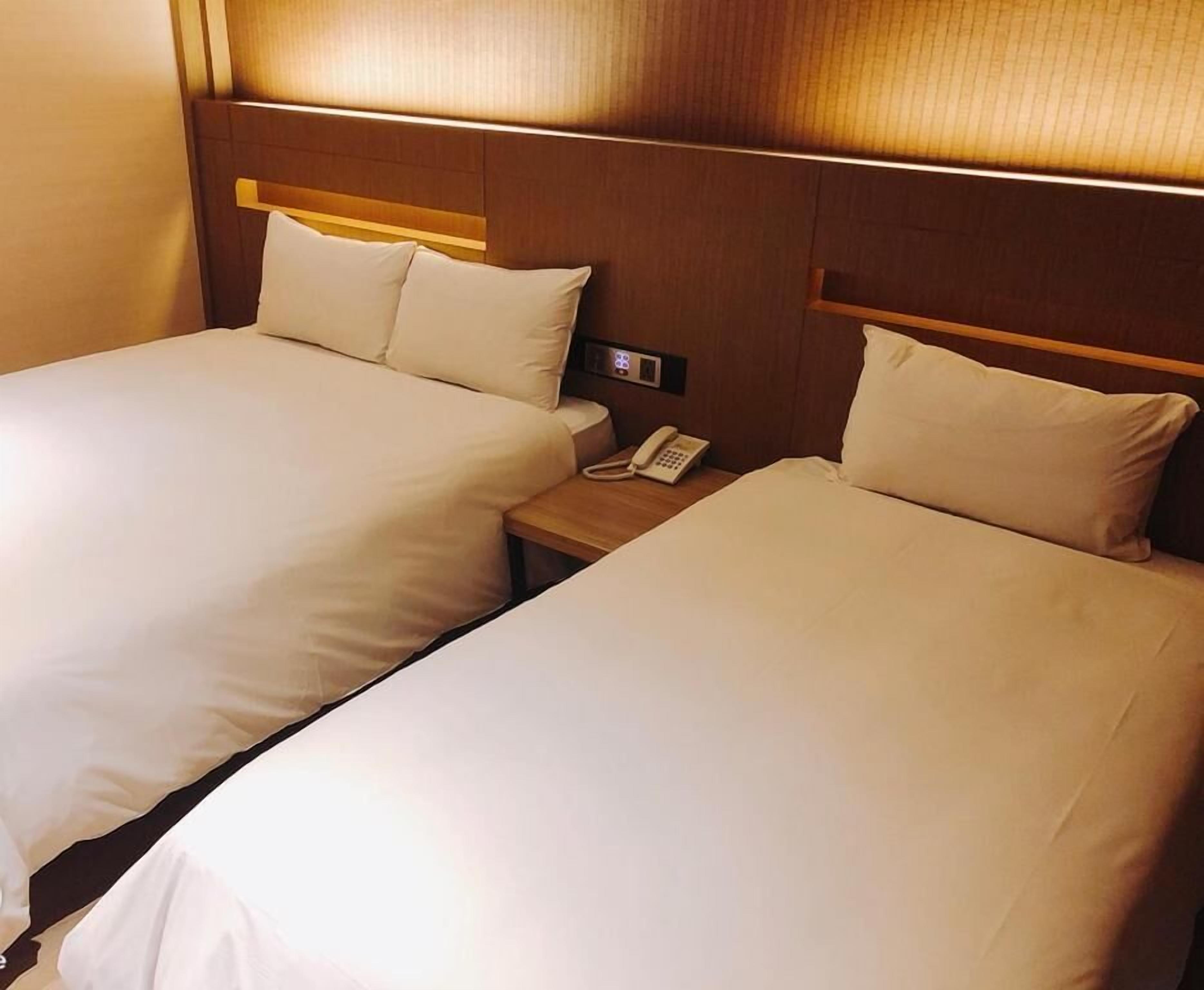 Two single beds with wooden headboards, a bedside table with a phone, and a wall-mounted control panel.